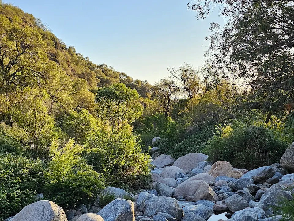 Turistas disfrutando de una tarde de sol en un arroyo natural de Merlo San Luis rodeado de piedras y vegetación.